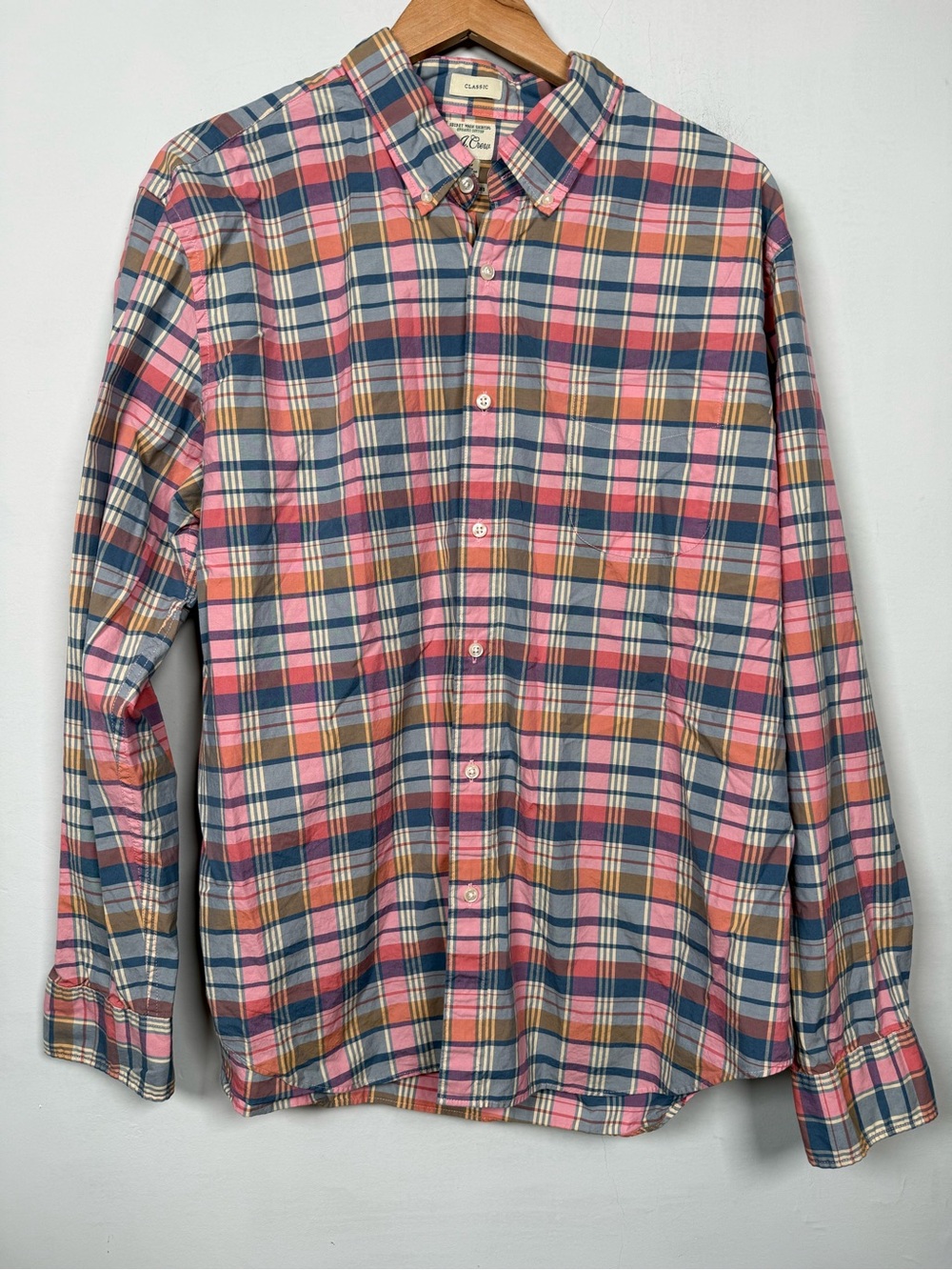 J.Crew Mens Secret Wash Button Down Shirt Classic Fit Pink Blue Plaid Size L